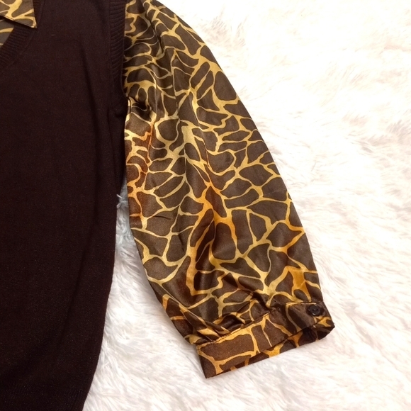 Once Again Chocolate Sweater with Attached Animal Print Faux Blouse - Picture 2 of 7